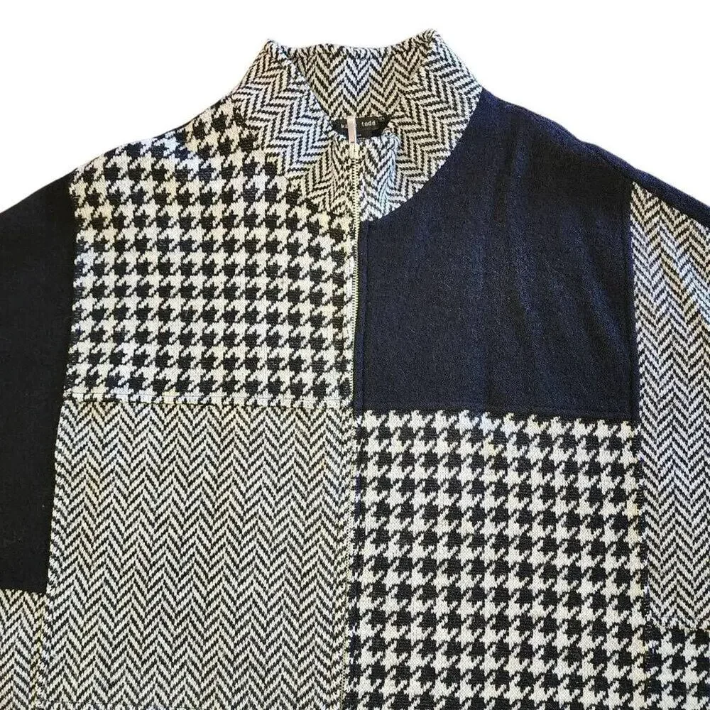 Katie Todd Women's Sweaters, Black & White Houndstooth Plaid Wool Shrug, Sz S/M